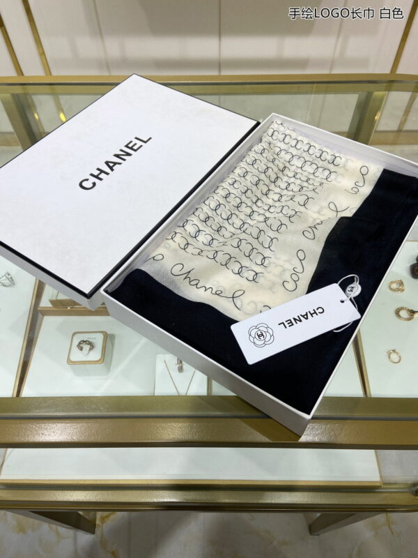 Chanel Silk Chiffon Black and White With Black Border Scarf 200cm/78in
