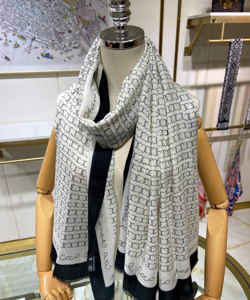 Chanel Silk Chiffon Black and White With Black Border Scarf 200cm/78in 
