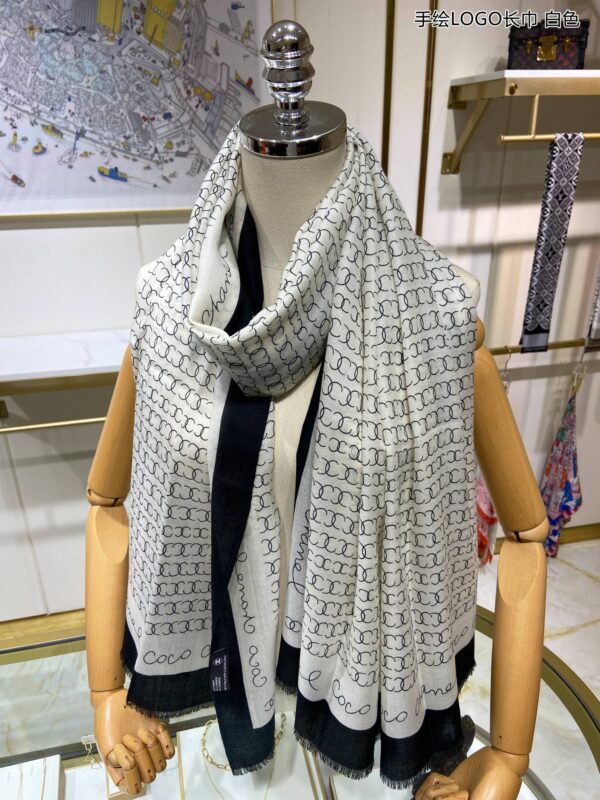 Chanel Silk Chiffon Black and White With Black Border Scarf 200cm/78in