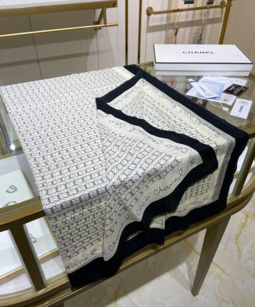 Chanel Silk Chiffon Black and White With Black Border Scarf 200cm/78in