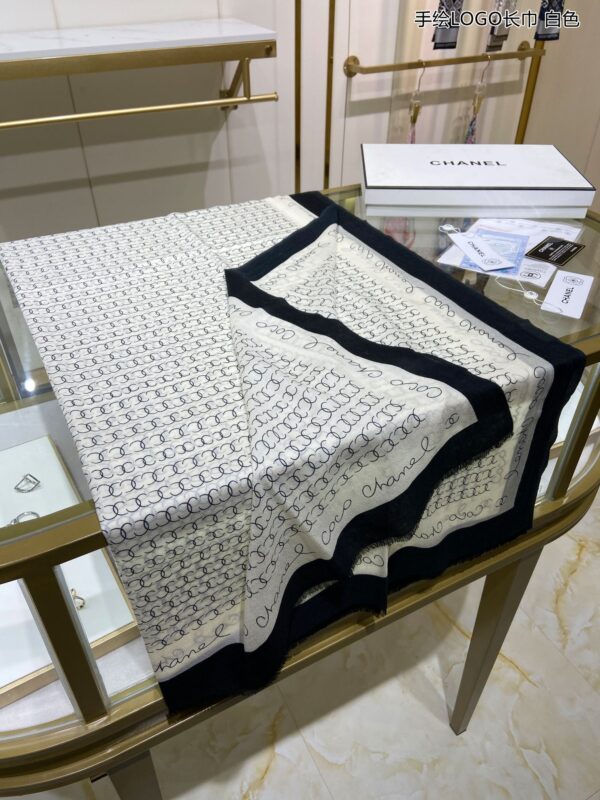 Chanel Silk Chiffon Black and White With Black Border Scarf 200cm/78in