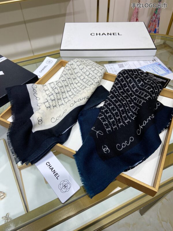 Chanel Silk Chiffon Black and White With Black Border Scarf 200cm/78in 