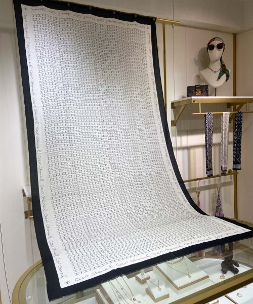 Chanel Silk Chiffon Black and White With Black Border Scarf 200cm/78in 