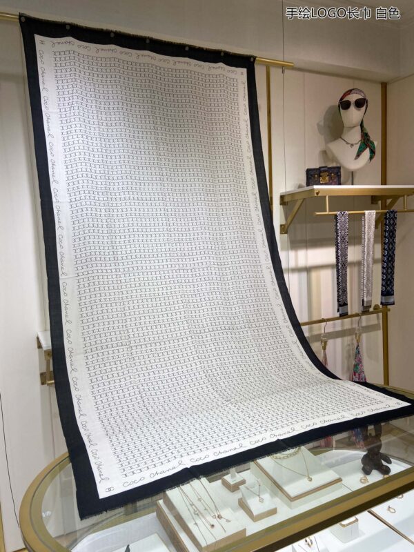 Chanel Silk Chiffon Black and White With Black Border Scarf 200cm/78in