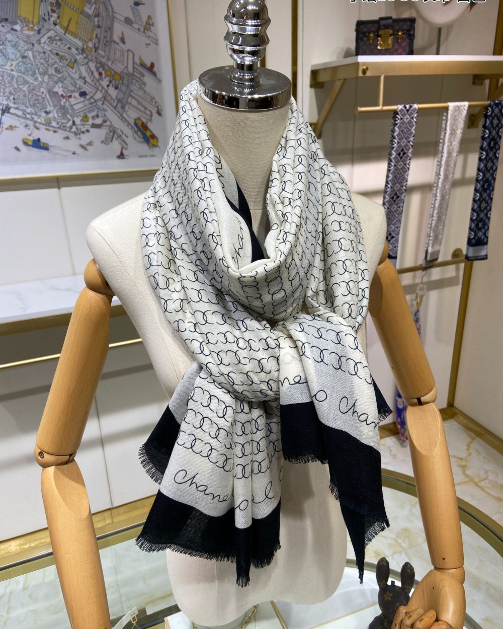 Chanel Silk Chiffon Black and White With Black Border Scarf 200cm/78in 