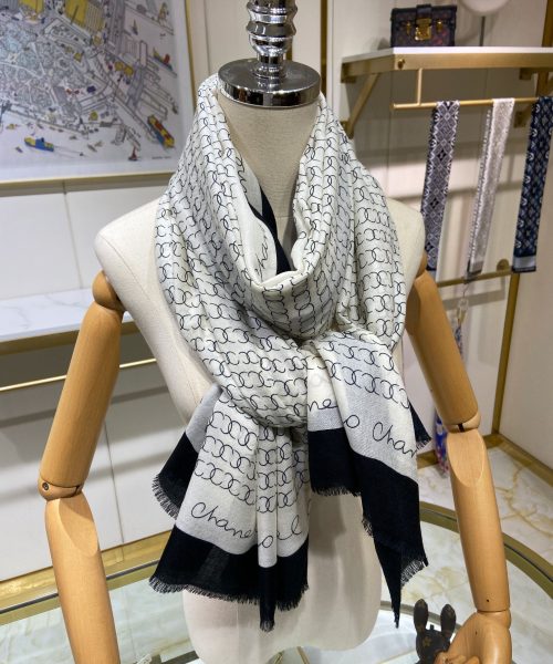 Chanel Silk Chiffon Black and White With Black Border Scarf 200cm/78in 