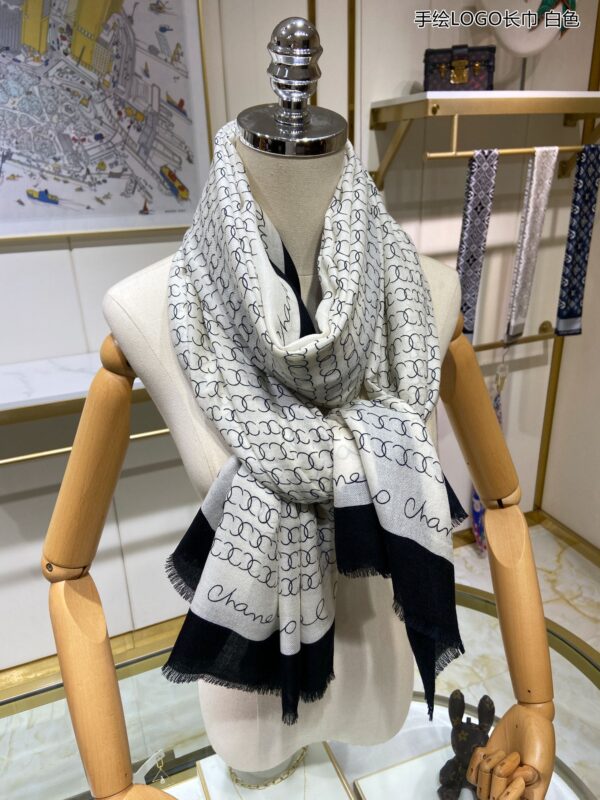 Chanel Silk Chiffon Black and White With Black Border Scarf 200cm/78in