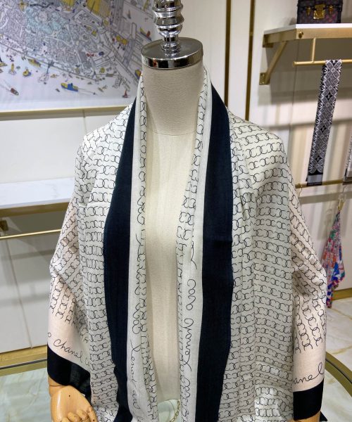 Chanel Silk Chiffon Black and White With Black Border Scarf 200cm/78in 