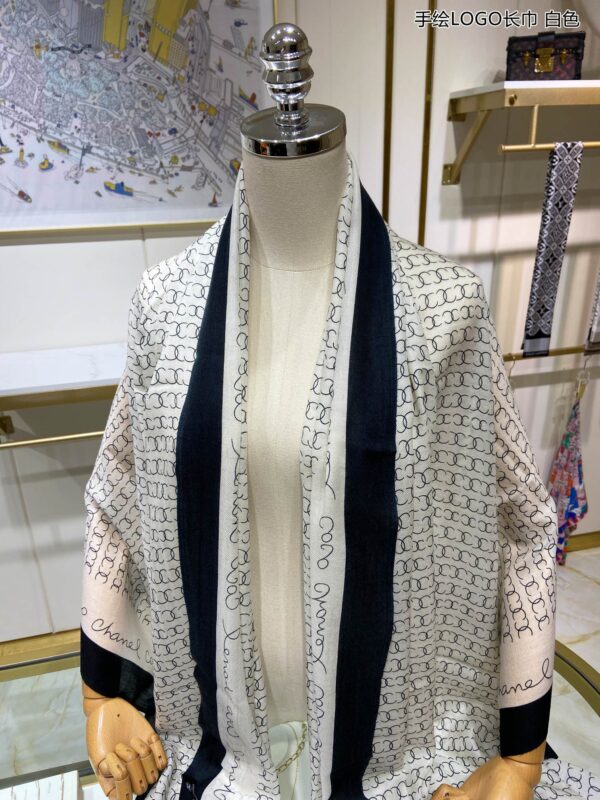 Chanel Silk Chiffon Black and White With Black Border Scarf 200cm/78in