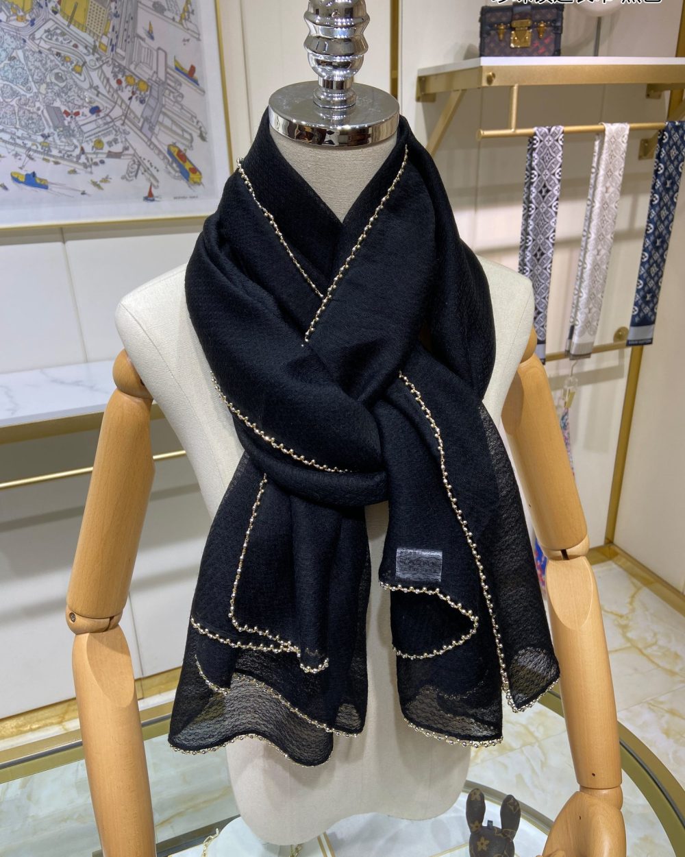 Chanel Silk Chiffon in Black With Toned Gold Beaded Border Scarf 200cm/78in 