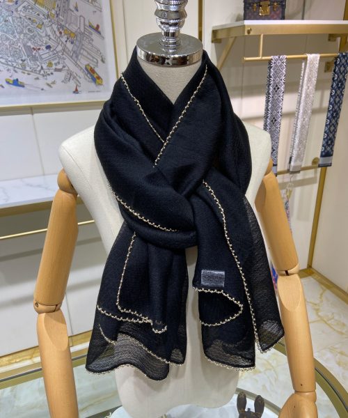 Chanel Silk Chiffon in Black With Toned Gold Beaded Border Scarf 200cm/78in 