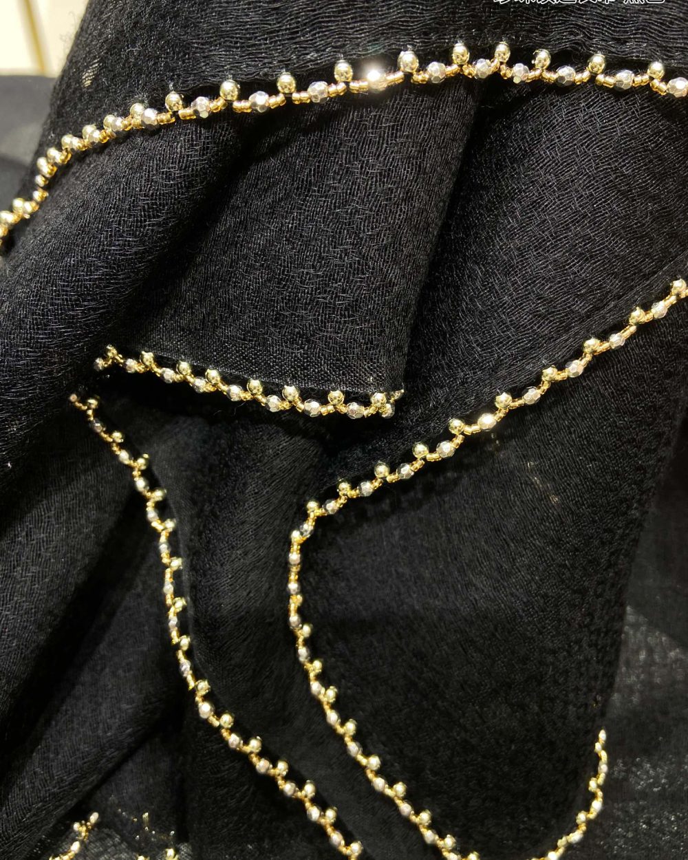 Chanel Silk Chiffon in Black With Toned Gold Beaded Border Scarf 200cm/78in 