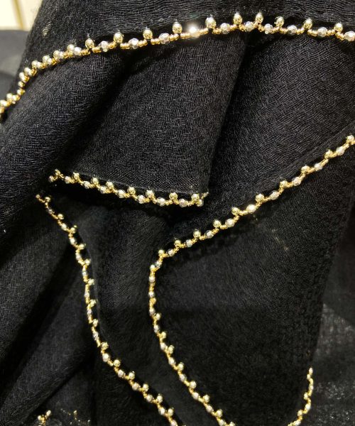 Chanel Silk Chiffon in Black With Toned Gold Beaded Border Scarf 200cm/78in 