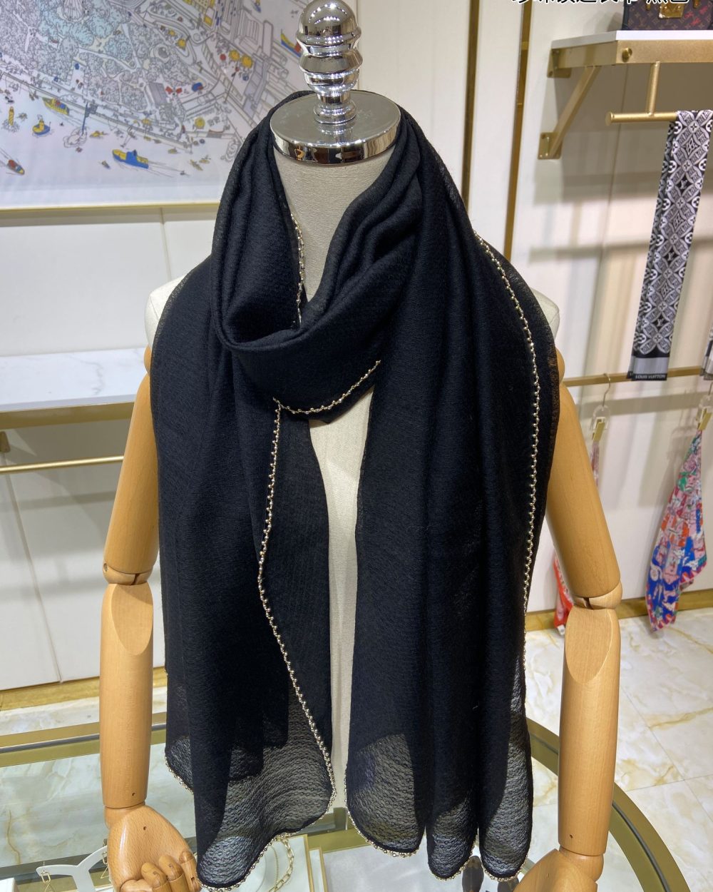 Chanel Silk Chiffon in Black With Toned Gold Beaded Border Scarf 200cm/78in 