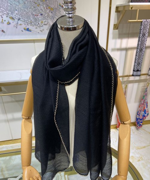 Chanel Silk Chiffon in Black With Toned Gold Beaded Border Scarf 200cm/78in 