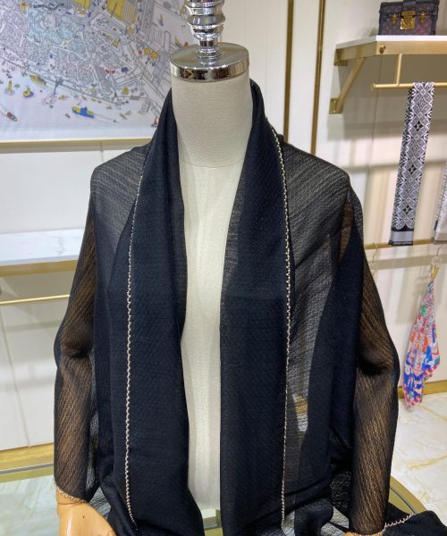 Chanel Silk Chiffon in Black With Toned Gold Beaded Border Scarf 200cm/78in 