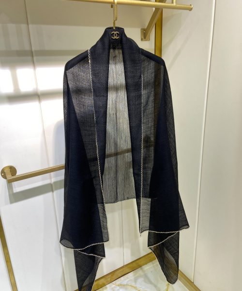 Chanel Silk Chiffon in Black With Toned Gold Beaded Border Scarf 200cm/78in 