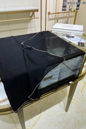 Chanel Silk Chiffon in Black With Toned Gold Beaded Border Scarf 200cm/78in 