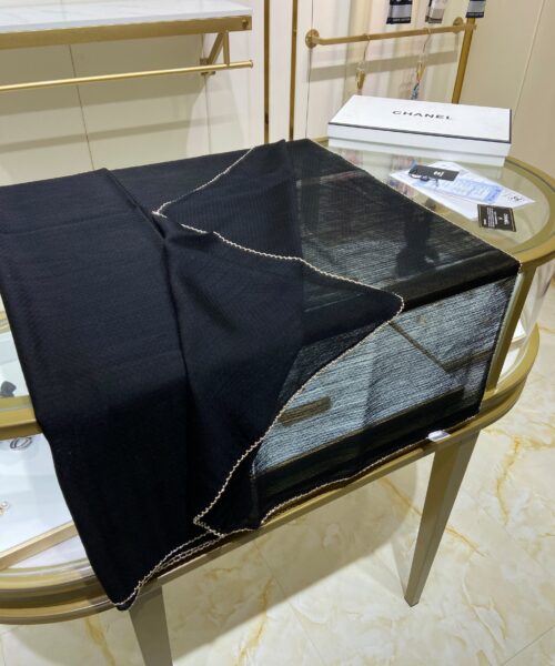 Chanel Silk Chiffon in Black With Toned Gold Beaded Border Scarf 200cm/78in