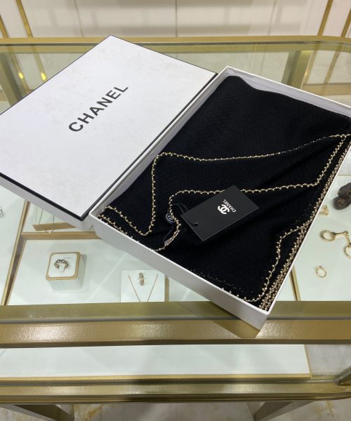 Chanel Silk Chiffon in Black With Toned Gold Beaded Border Scarf 200cm/78in 