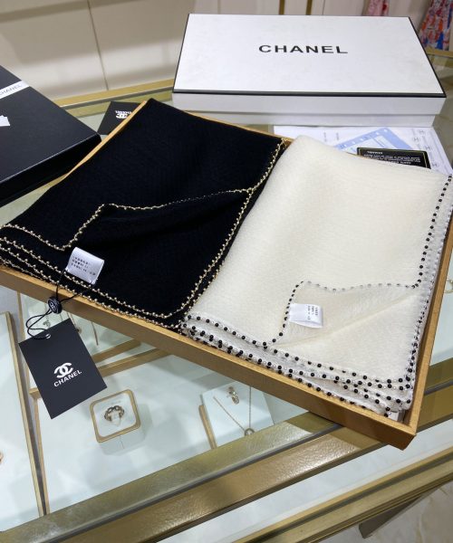 Chanel Silk Chiffon in Black With Toned Gold Beaded Border Scarf 200cm/78in 
