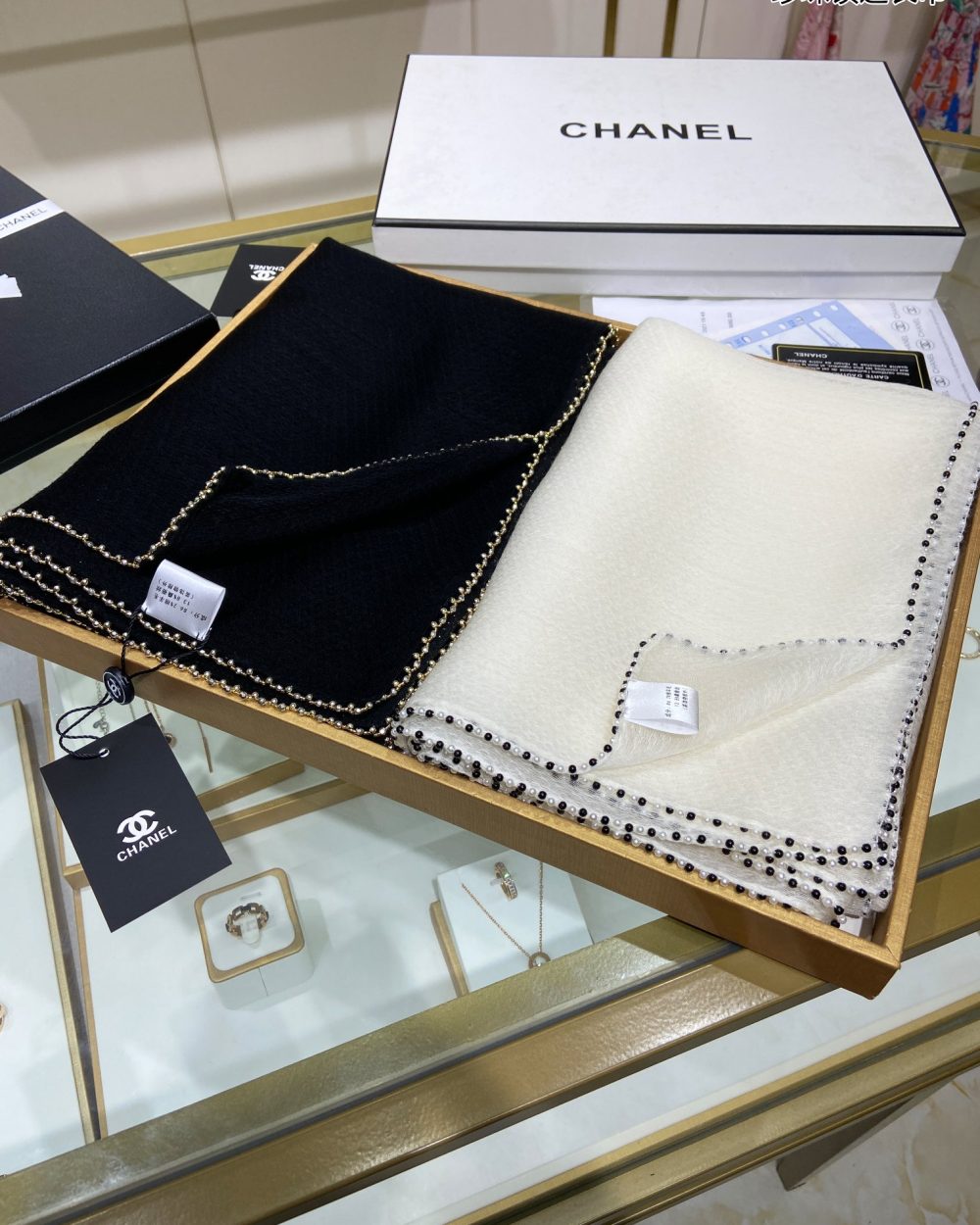 Chanel Silk Chiffon in White With Beaded Border Scarf 200cm/78in 