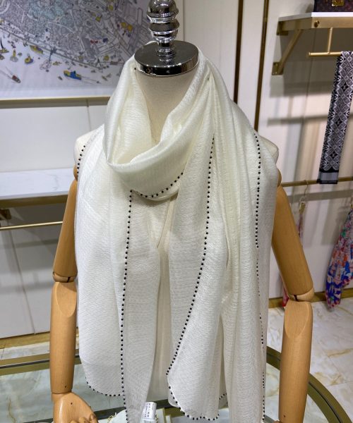 Chanel Silk Chiffon in White With Beaded Border Scarf 200cm/78in 