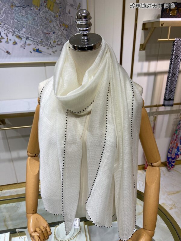 Chanel Silk Chiffon in White With Beaded Border Scarf 200cm/78in 