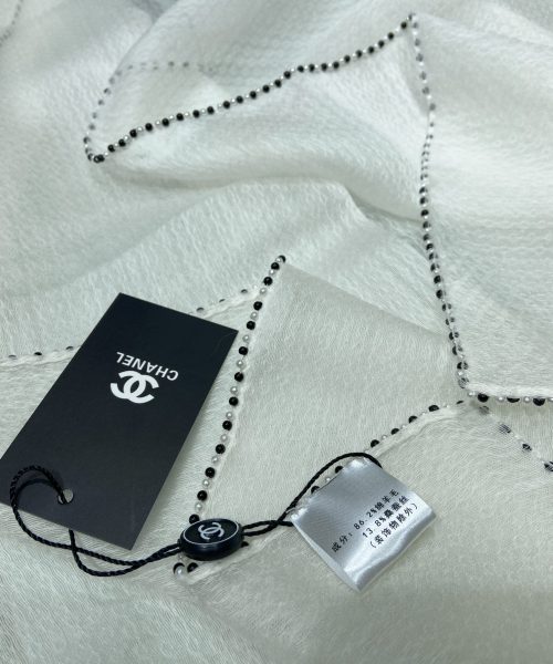 Chanel Silk Chiffon in White With Beaded Border Scarf 200cm/78in 
