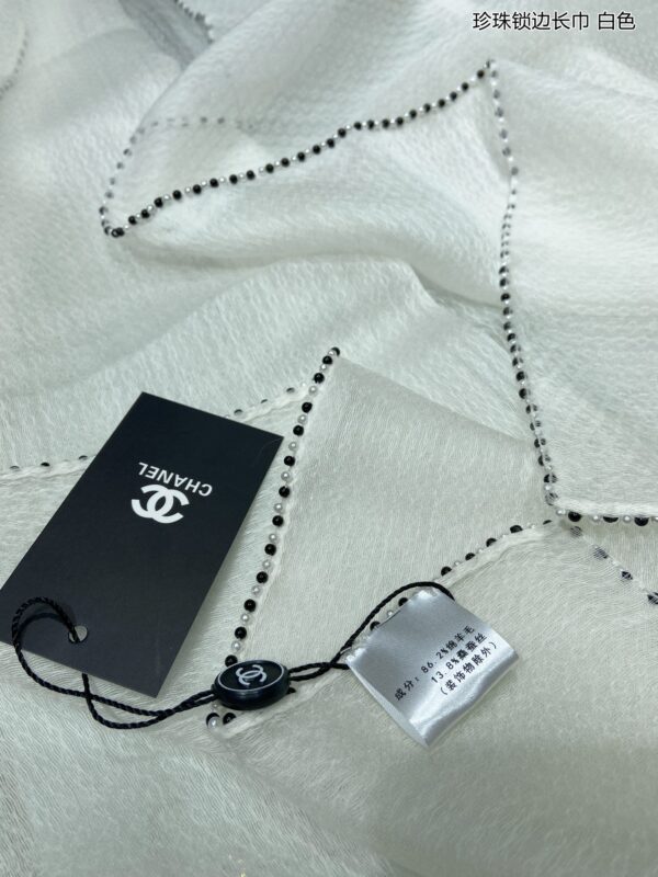 Chanel Silk Chiffon in White With Beaded Border Scarf 200cm/78in