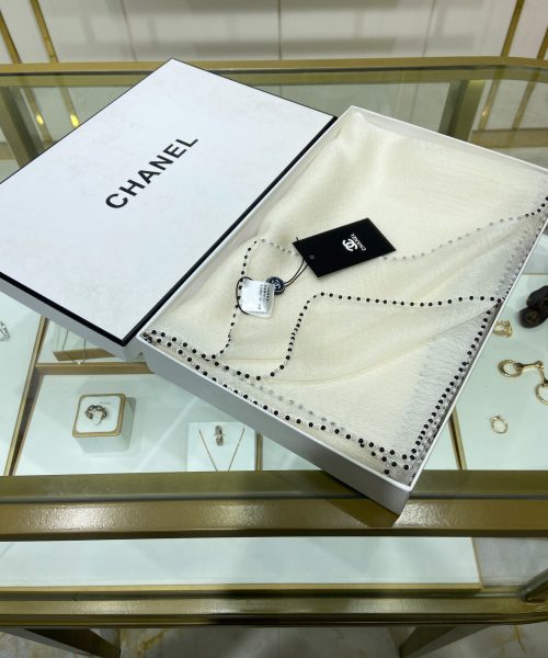 Chanel Silk Chiffon in White With Beaded Border Scarf 200cm/78in 
