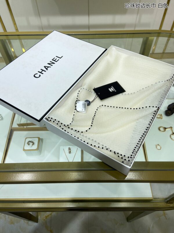 Chanel Silk Chiffon in White With Beaded Border Scarf 200cm/78in