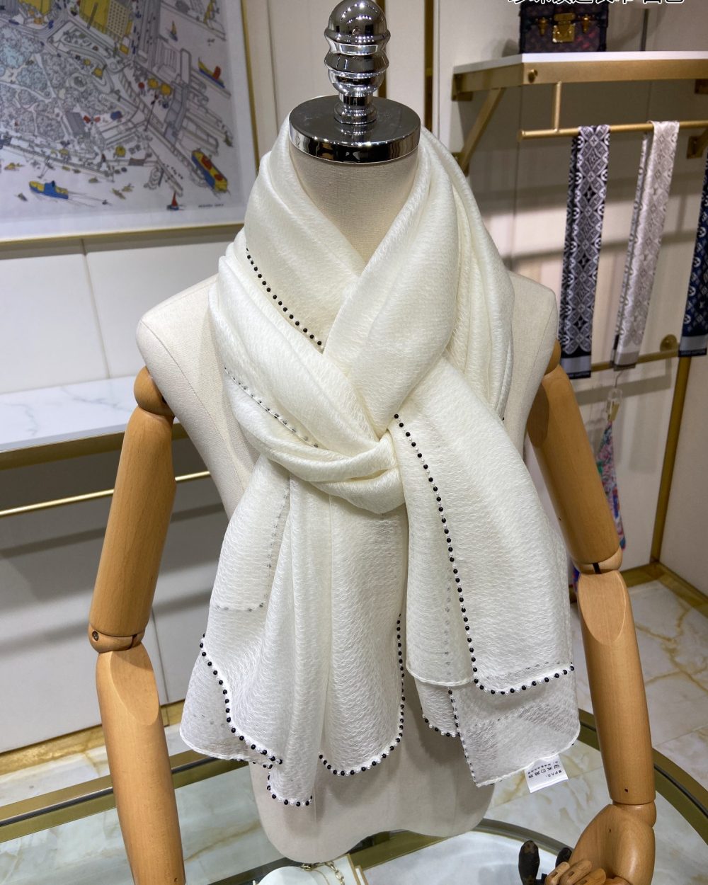 Chanel Silk Chiffon in White With Beaded Border Scarf 200cm/78in 