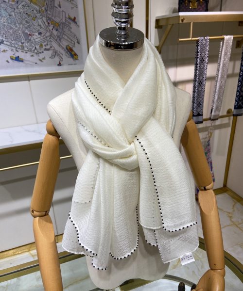 Chanel Silk Chiffon in White With Beaded Border Scarf 200cm/78in 
