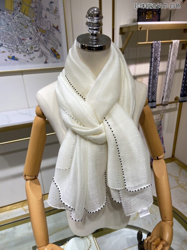 Chanel Silk Chiffon in White With Beaded Border Scarf 200cm/78in