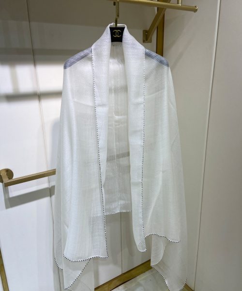 Chanel Silk Chiffon in White With Beaded Border Scarf 200cm/78in 