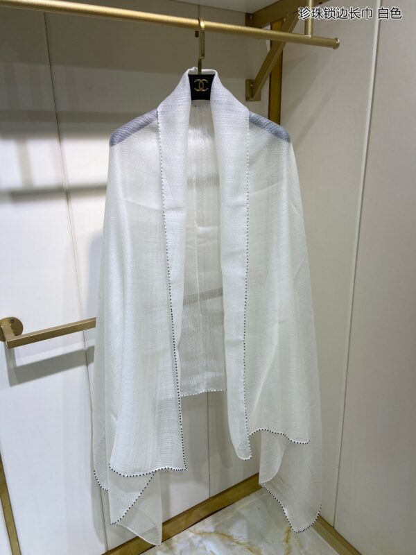 Chanel Silk Chiffon in White With Beaded Border Scarf 200cm/78in