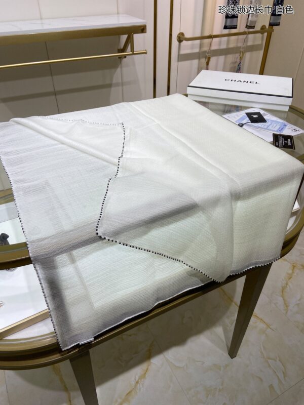 Chanel Silk Chiffon in White With Beaded Border Scarf 200cm/78in