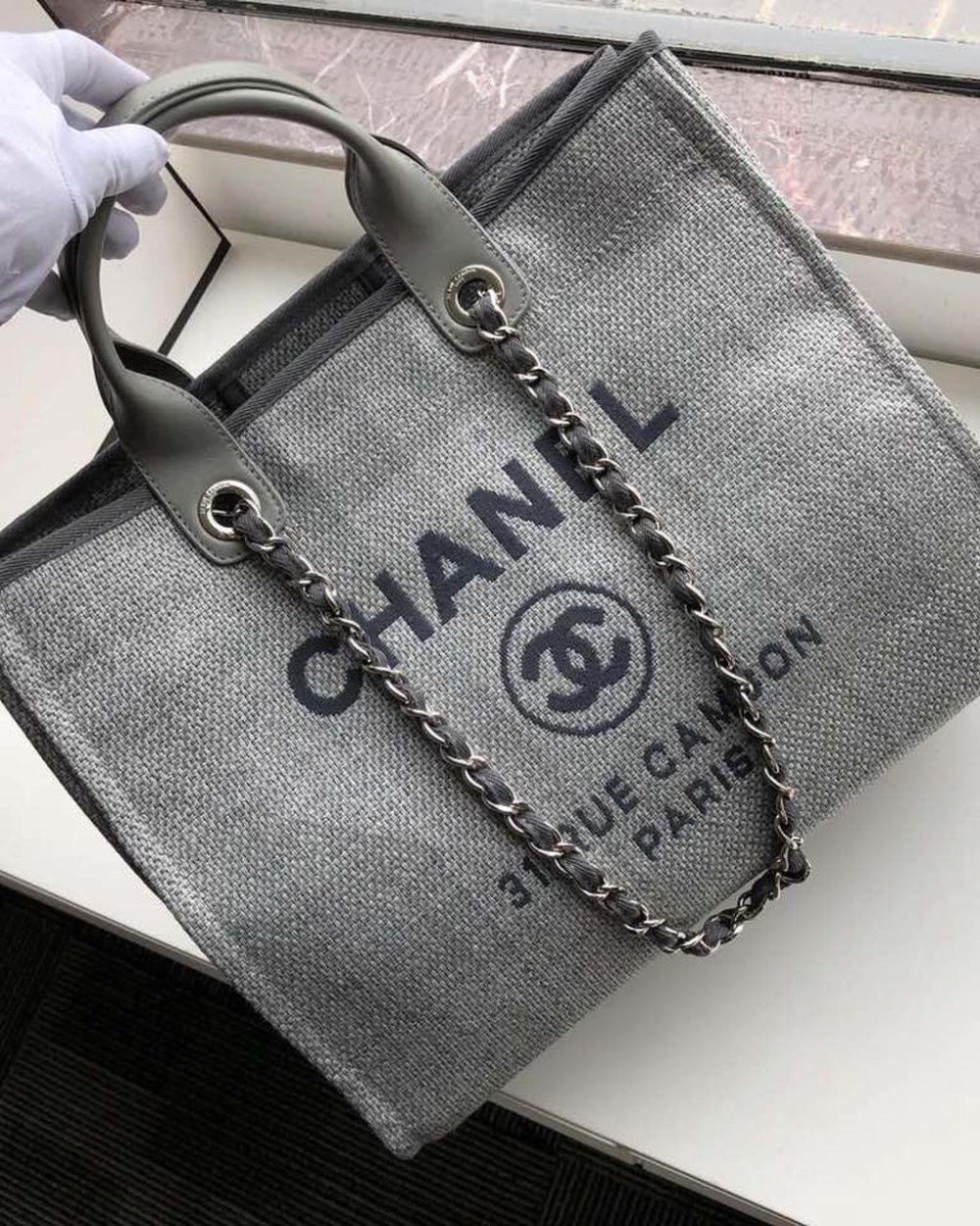 [REP 1:1] Chanel Small Shopping Bag Silver Hardware Grey For Women, Women's Handbags, Shoulder Bags 15.2in/39cm AS3257