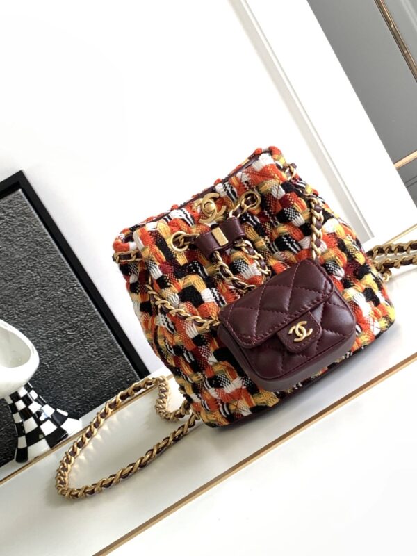 [REP 1:1] Chanel Tweed Backpack Green/Orange For Women 17cm / 6.7in