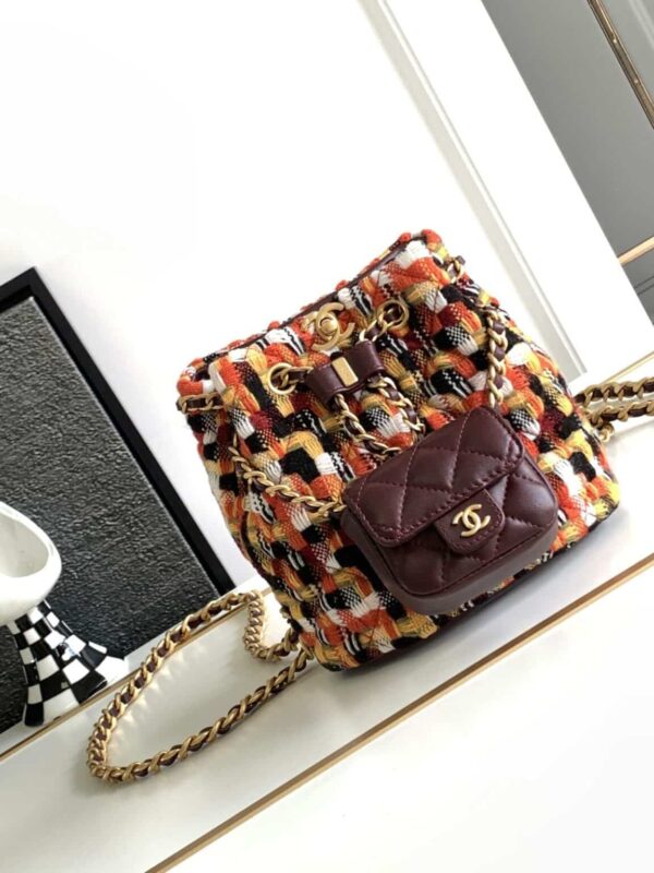 [REP 1:1] Chanel Tweed Backpack Green/Orange For Women 17cm / 6.7in