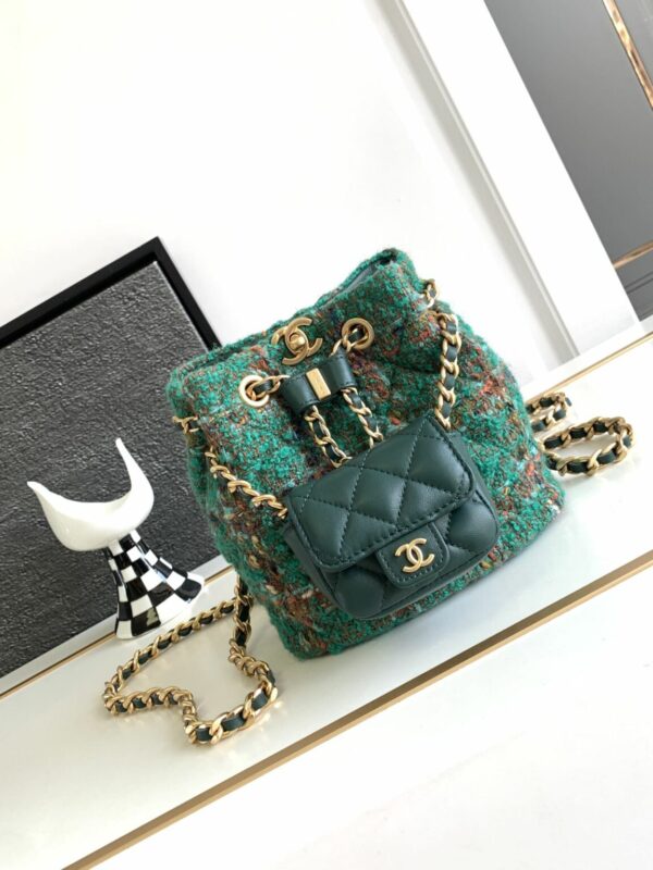 [REP 1:1] Chanel Tweed Backpack Green/Orange For Women 17cm / 6.7in