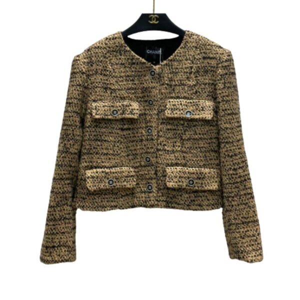 Chanel Tweed Round-Neck Short Jacket Yellow For Women
