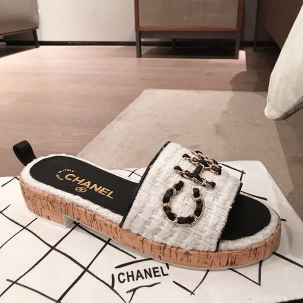 Chanel Woven Chain Cork Sandals Tweed White/Black For Women, Women's Shoes