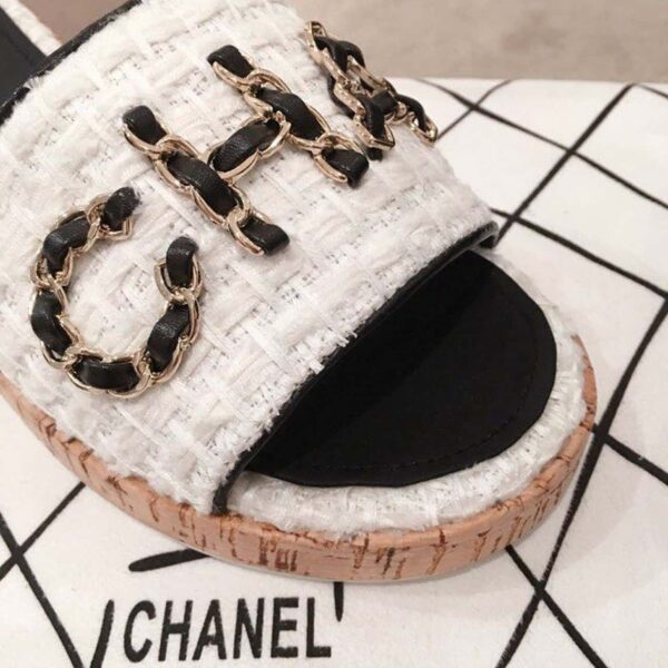 Chanel Woven Chain Cork Sandals Tweed White/Black For Women, Women's Shoes
