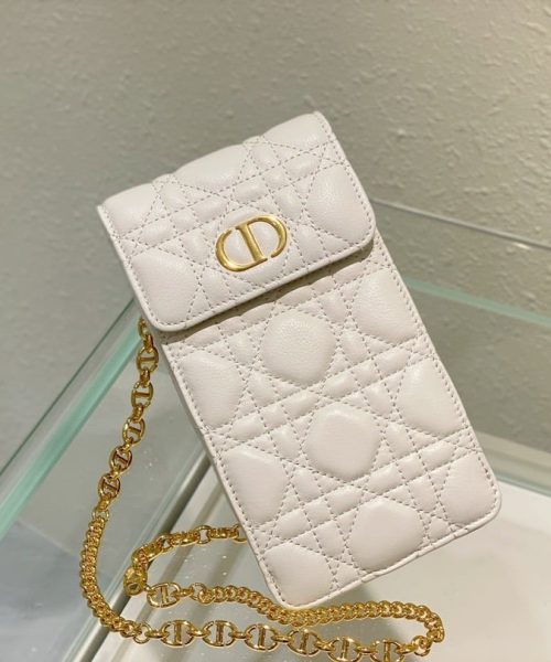 1:1 Replica Christian Dior Caro Phone Holder With Chain White, For Women, Women’s Handbags 7.5in/18.5cm CD