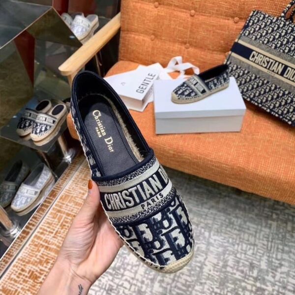 Christian Dior Granville Espadrille Dark Blue Dior Oblique Embroidered Cotton Black For Women CD