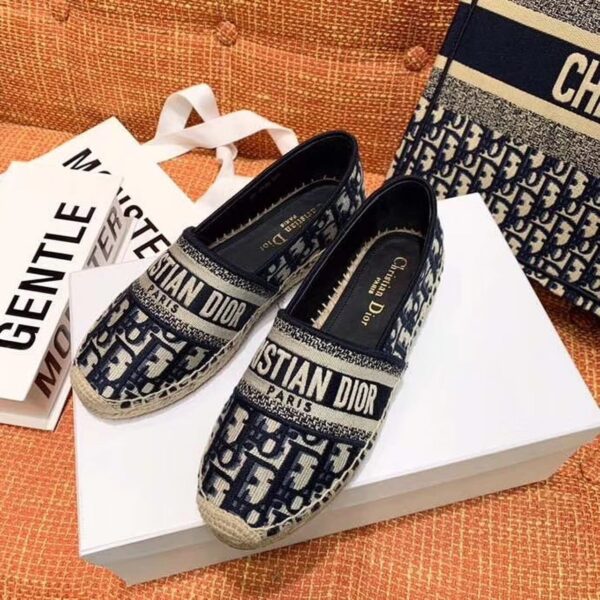 Christian Dior Granville Espadrille Dark Blue Dior Oblique Embroidered Cotton Black For Women CD