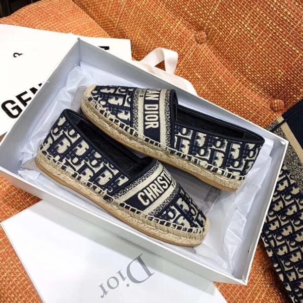 Christian Dior Granville Espadrille Dark Blue Dior Oblique Embroidered Cotton Black For Women CD