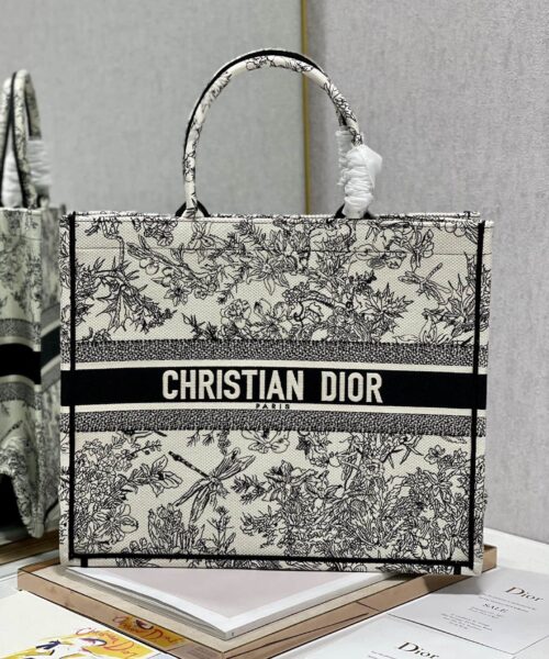 1:1 Replica Christian Dior Large Dior Book Tote Toile de Jouy Flowers Embroidery, Black/Beige, For Women Women’s Handbags, Shoulder Bags, 42cm CD M1286ZTQW_M808